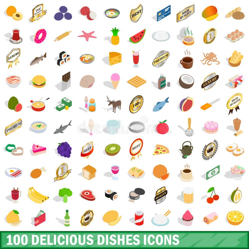 100 iconos deliciosos de los platos fijaron, el estilo isométrico 3d stock de ilustración 100 iconos deliciosos de los platos fijaron, el estilo isométrico 3d stock de ilustración