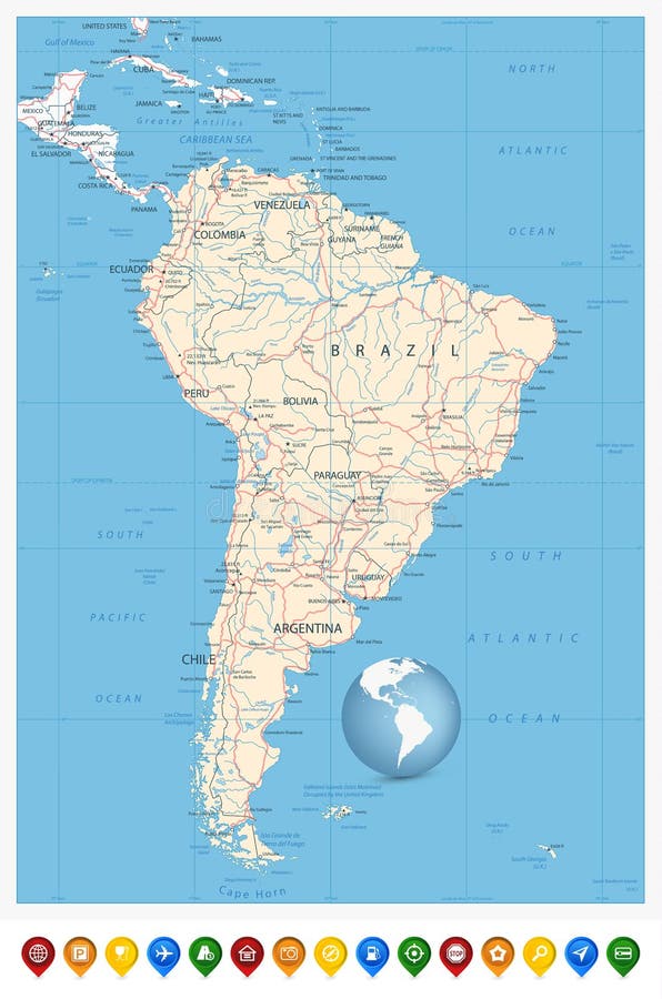 Iconos detallados del perno del mapa y de la ubicación de Suramérica