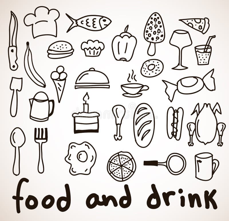 Iconos dibujados mano de la comida y de la bebida stock de ilustración Iconos dibujados mano de la comida y de la bebida stock de ilustración