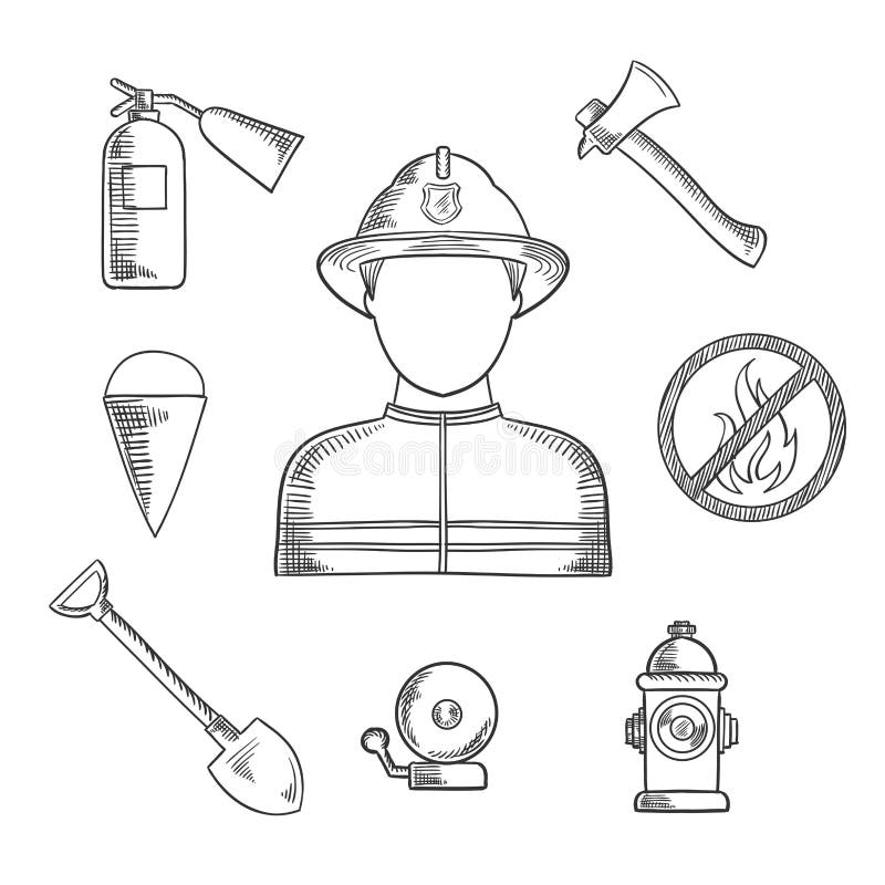 Iconos dibujados mano del bosquejo de la profesión del bombero stock de ilustración Iconos dibujados mano del bosquejo de la profesión del bombero stock de ilustración