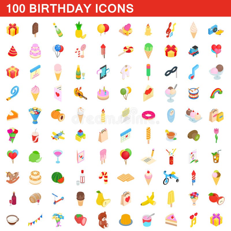 100 birthday icons set in isometric 3d style for any design vector illustration. 100 birthday icons set in isometric 3d style for any design vector illustration