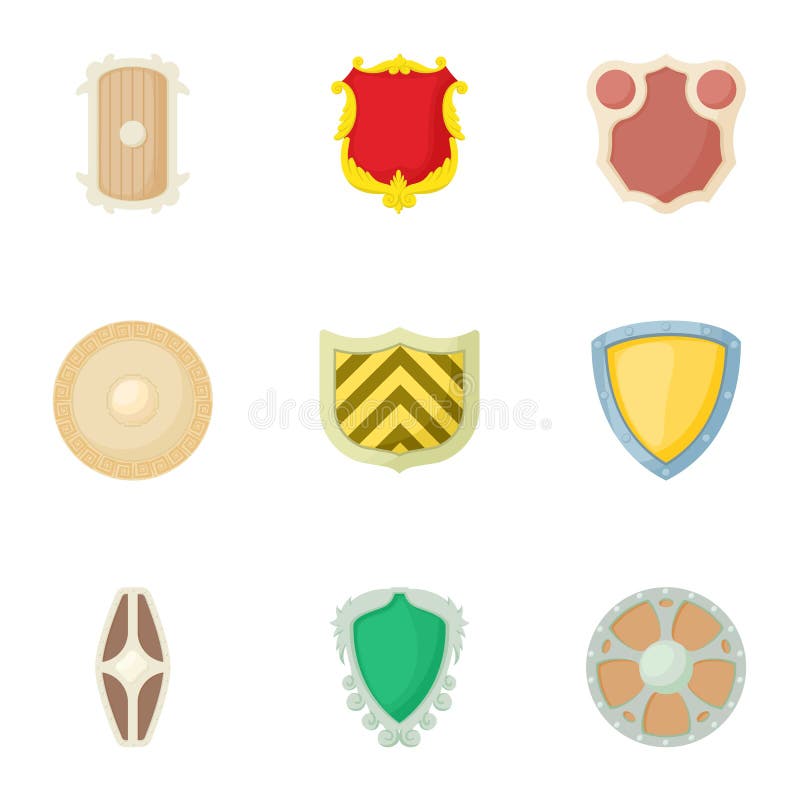 Iconos fijados, estilo del escudo del ejército de la historieta stock de ilustración Iconos fijados, estilo del escudo del ejército de la historieta stock de ilustración