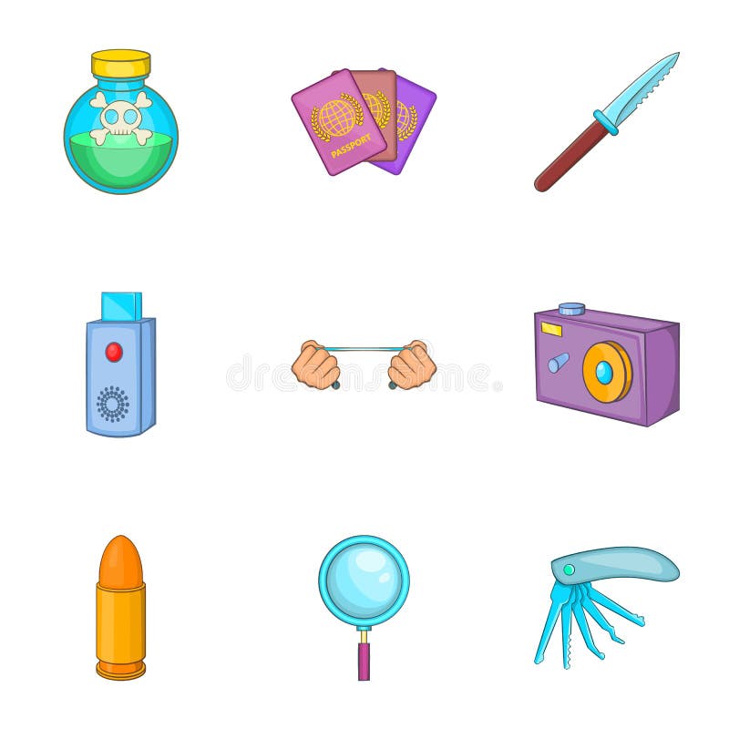 Iconos fijados, estilo del espía de la historieta stock de ilustración Iconos fijados, estilo del espía de la historieta stock de ilustración