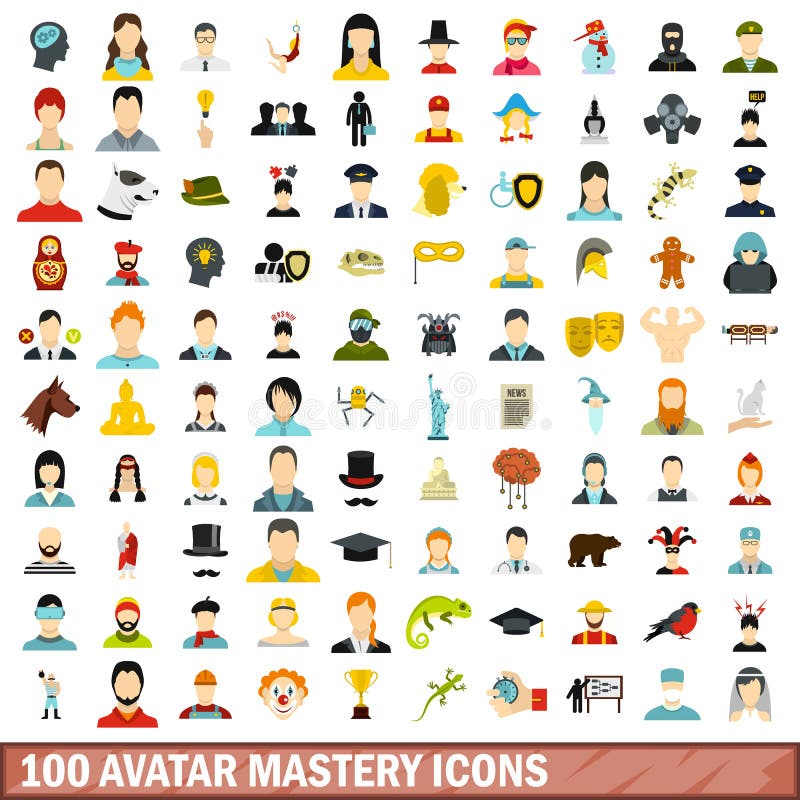 100 iconos fijados, estilo plano de la maestría del avatar ilustración del vector 100 iconos fijados, estilo plano de la maestría del avatar ilustración del vector