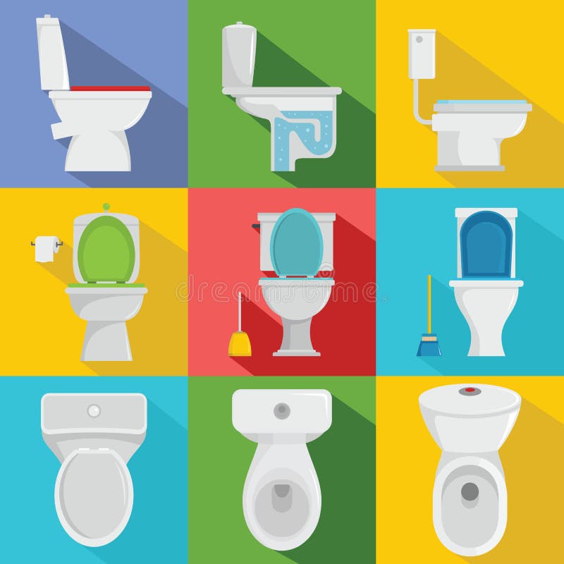Iconos fijados, estilo plano de la taza del inodoro ilustración del vector Iconos fijados, estilo plano de la taza del inodoro ilustración del vector