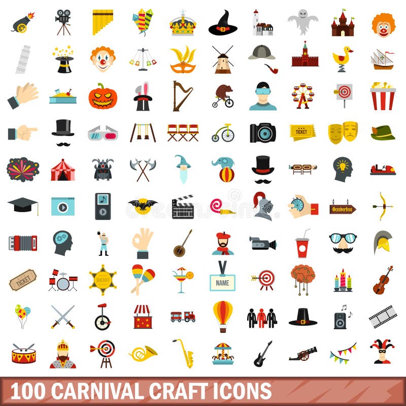 100 iconos fijados, estilo plano del arte del carnaval