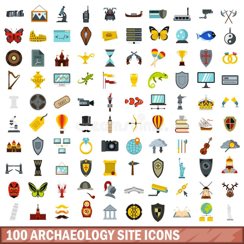 100 iconos fijados, estilo plano del sitio de la arqueología libre illustration 100 iconos fijados, estilo plano del sitio de la arqueología libre illustration