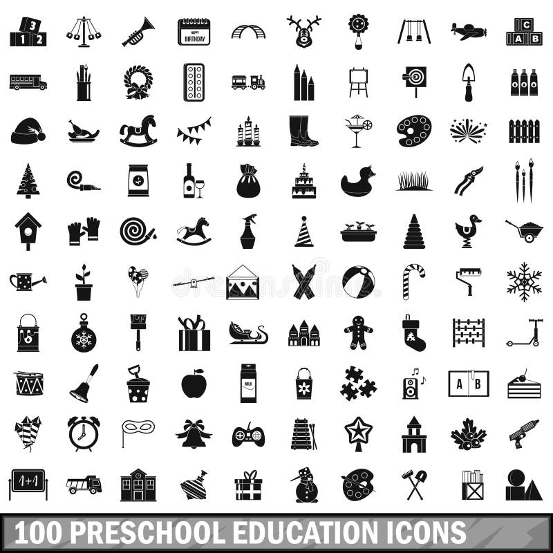 100 preschool education icons set in simple style for any design vector illustration. 100 preschool education icons set in simple style for any design vector illustration