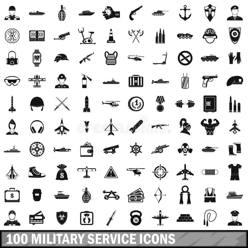 100 military service icons set in simple style for any design vector illustration. 100 military service icons set in simple style for any design vector illustration