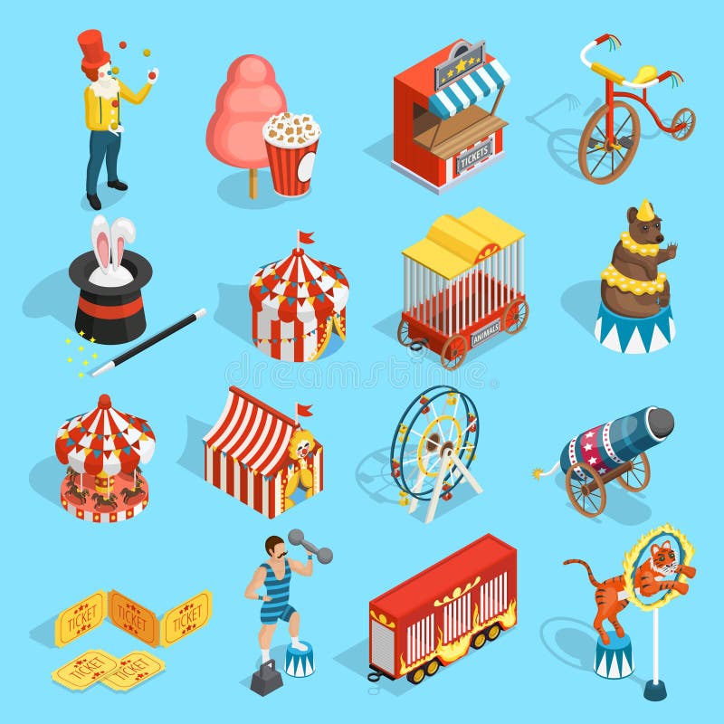 Iconos isométricos del circo del viaje fijados libre illustration Iconos isométricos del circo del viaje fijados libre illustration