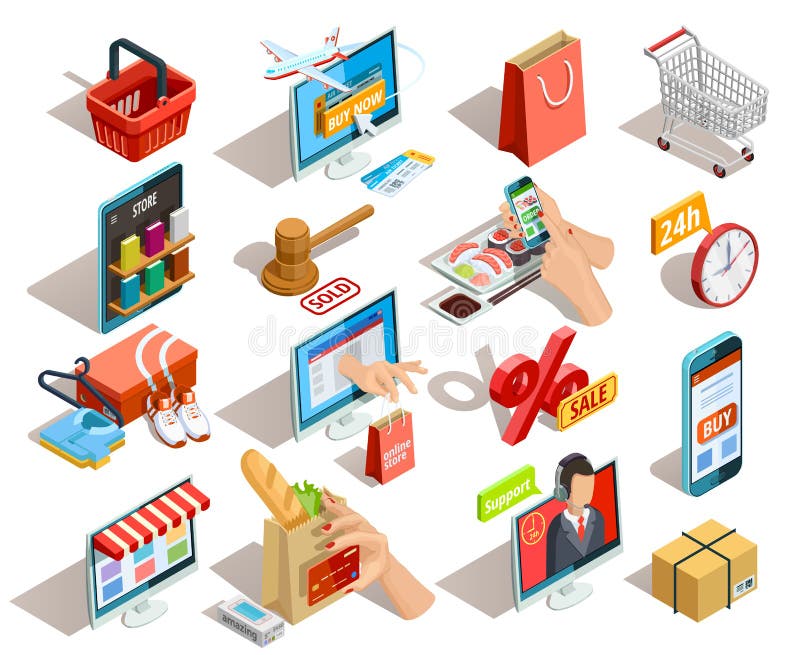 Iconos isométricos del comercio electrónico de las compras fijados libre illustration Iconos isométricos del comercio electrónico de las compras fijados libre illustration