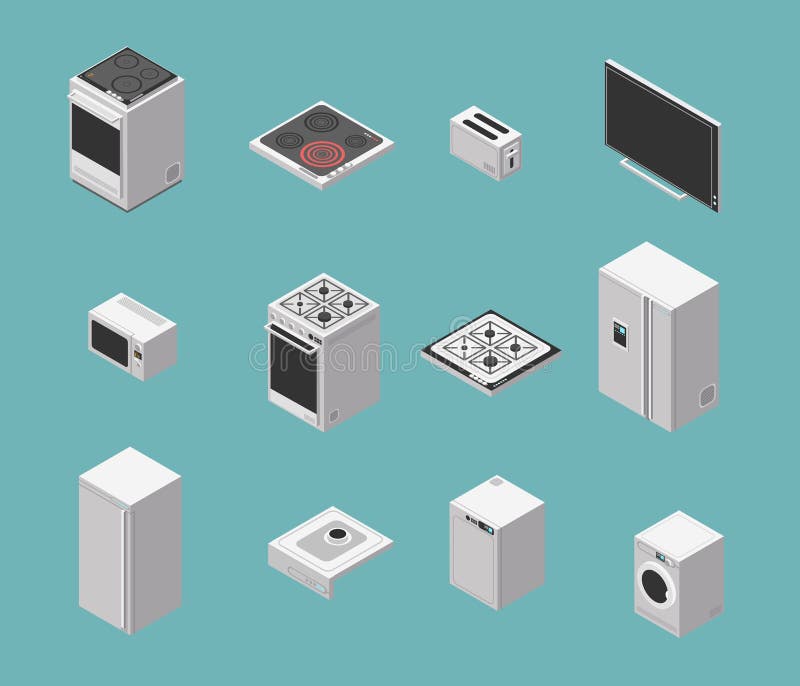 Iconos isométricos del vector de los dispositivos nacionales y de cocina fijados libre illustration Iconos isométricos del vector de los dispositivos nacionales y de cocina fijados libre illustration