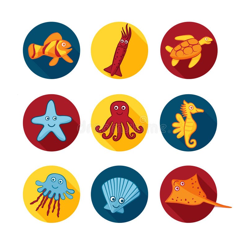 Iconos lindos de los animales de mar en los círculos de color para las etiquetas engomadas e iconos para los diseños de los niños ilustración del vector Iconos lindos de los animales de mar en los círculos de color para las etiquetas engomadas e iconos para los diseños de los niños ilustración del vector