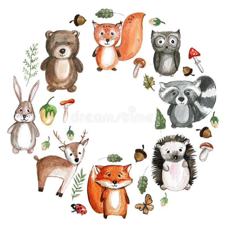 Iconos lindos del parque zoológico de la guardería de las imágenes de la acuarela de los animales del arbolado libre illustration