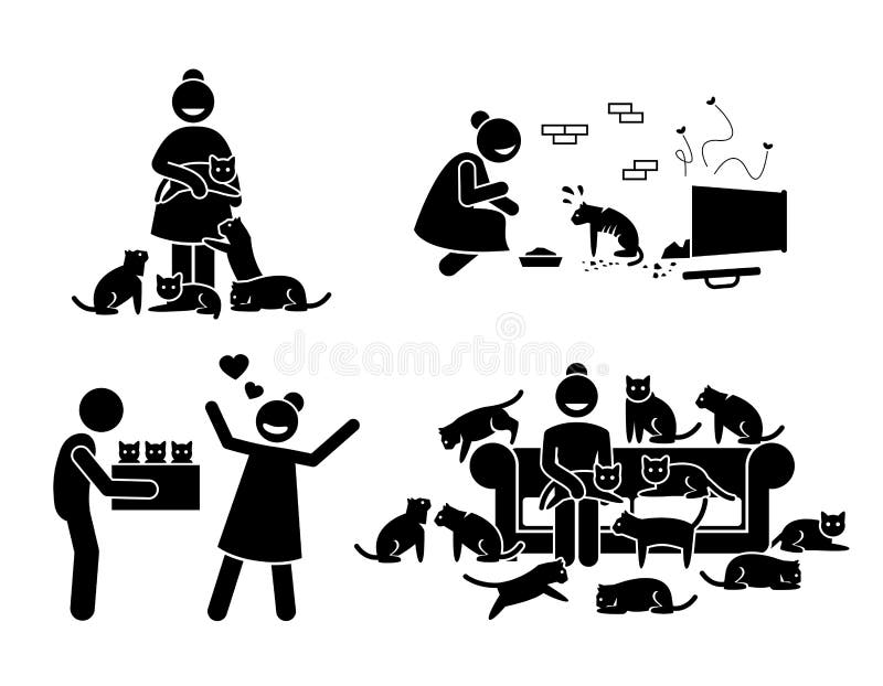 Iconos locos de Cat Lady Stick Figure Pictogram stock de ilustración Iconos locos de Cat Lady Stick Figure Pictogram stock de ilustración
