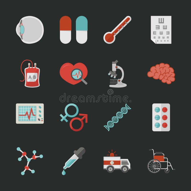 Iconos médicos y de la salud con el fondo negro ilustración del vector Iconos médicos y de la salud con el fondo negro ilustración del vector
