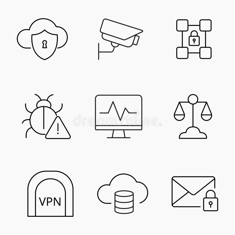 Iconos mínimos de contorno que representan la protección de datos y la infraestructura de tecnología de los servicios de nube de c ilustración del vector