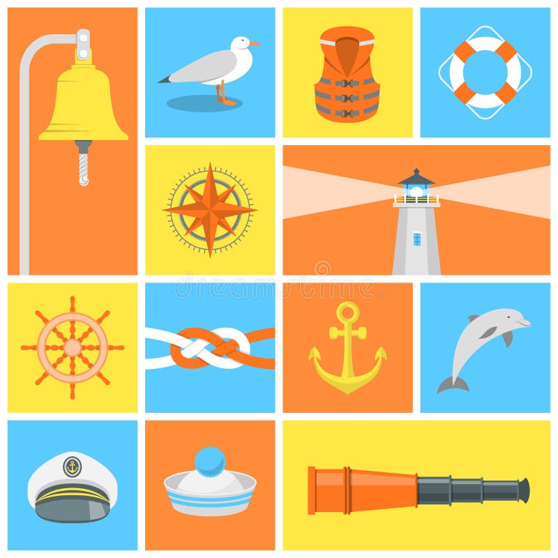 Set of modern flat square icons for nautical and sea traveling themes. Set of modern flat square icons for nautical and sea traveling themes