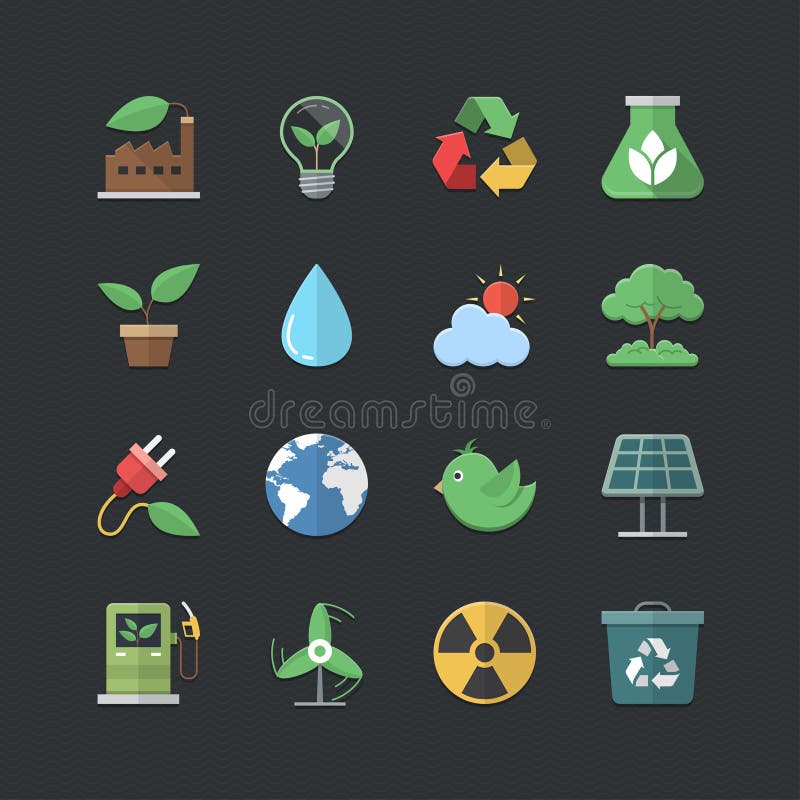Iconos planos de la energía de Eco del estilo del color fijados stock de ilustración Iconos planos de la energía de Eco del estilo del color fijados stock de ilustración