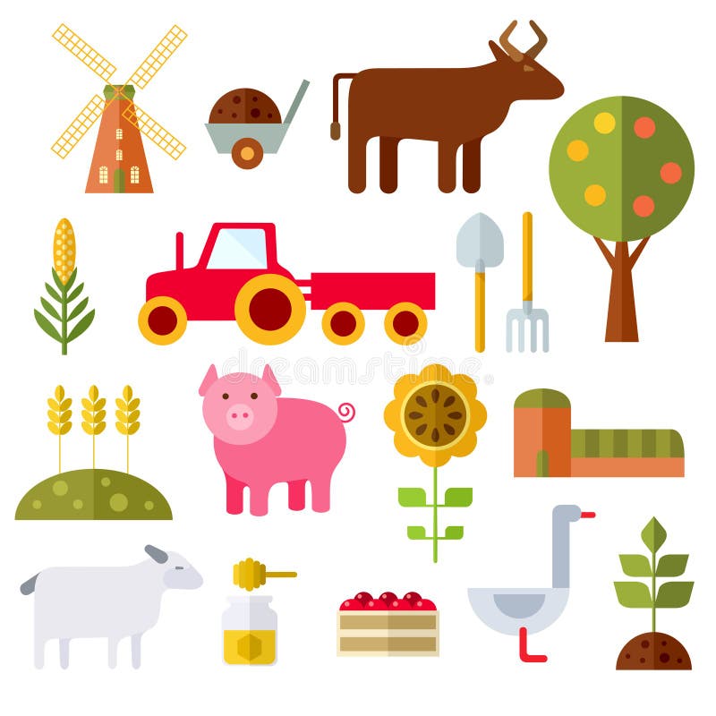 Farm animals, plants, fresh products, buildings and equipments. Colorful modern flat icons set. Isolated objects on white background. Collection of elements and concepts for web and mobile apps. (Vector file is EPS8). Farm animals, plants, fresh products, buildings and equipments. Colorful modern flat icons set. Isolated objects on white background. Collection of elements and concepts for web and mobile apps. (Vector file is EPS8)