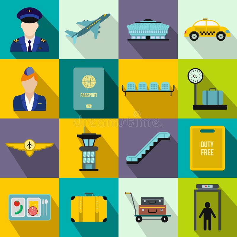 Iconos planos del aeropuerto stock de ilustración Iconos planos del aeropuerto stock de ilustración