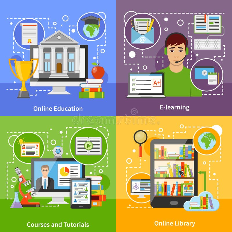 Iconos planos del concepto 4 en línea de la educación libre illustration Iconos planos del concepto 4 en línea de la educación libre illustration
