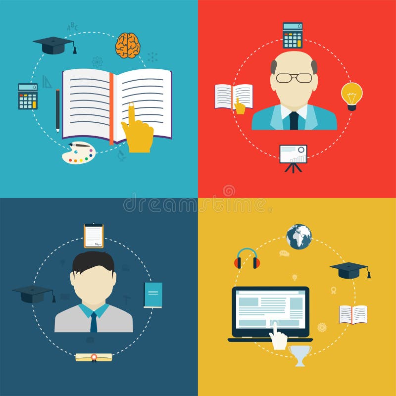 Iconos planos del diseño de la educación, en línea del aprendizaje y de la investigación ilustración del vector Iconos planos del diseño de la educación, en línea del aprendizaje y de la investigación ilustración del vector