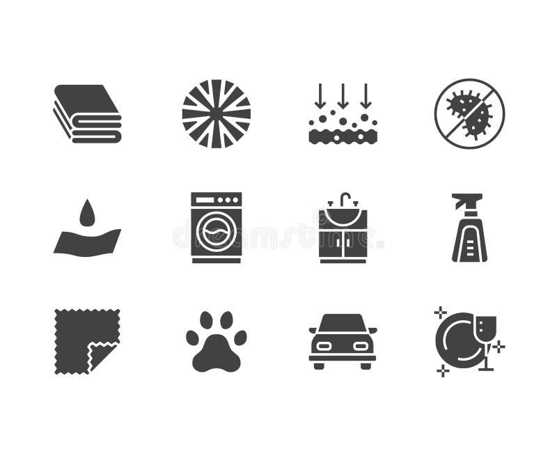 Iconos planos del glyph de las propiedades del paño de la microfibra Material absorbente, limpieza del polvo, lavable, antibacter