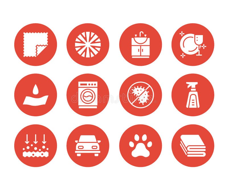 Iconos planos del glyph de las propiedades del paño de la microfibra Material absorbente, limpieza del polvo, lavable, antibacter stock de ilustración Iconos planos del glyph de las propiedades del paño de la microfibra Material absorbente, limpieza del polvo, lavable, antibacter stock de ilustración