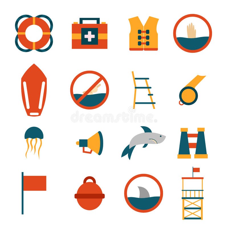 Vector flat cartoon beach lifeguard beach objects: buoy, shark, medusa, lifebuoy, life vest, whistle. Vector lifeguard icons. Emergence, survival, security beach nautical objects. Summer icons. Vector flat cartoon beach lifeguard beach objects: buoy, shark, medusa, lifebuoy, life vest, whistle. Vector lifeguard icons. Emergence, survival, security beach nautical objects. Summer icons