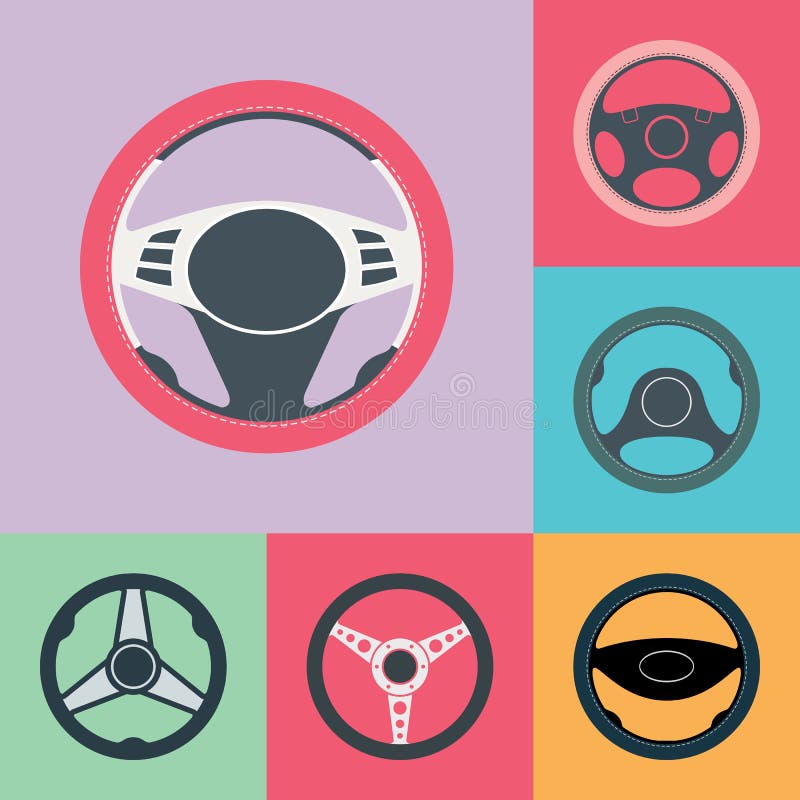 Set of car steering wheel flat icons. Auto steering wheel flat vector icons. Car steering wheel design elements. EPS8 clean vector illustration. Set of car steering wheel flat icons. Auto steering wheel flat vector icons. Car steering wheel design elements. EPS8 clean vector illustration.