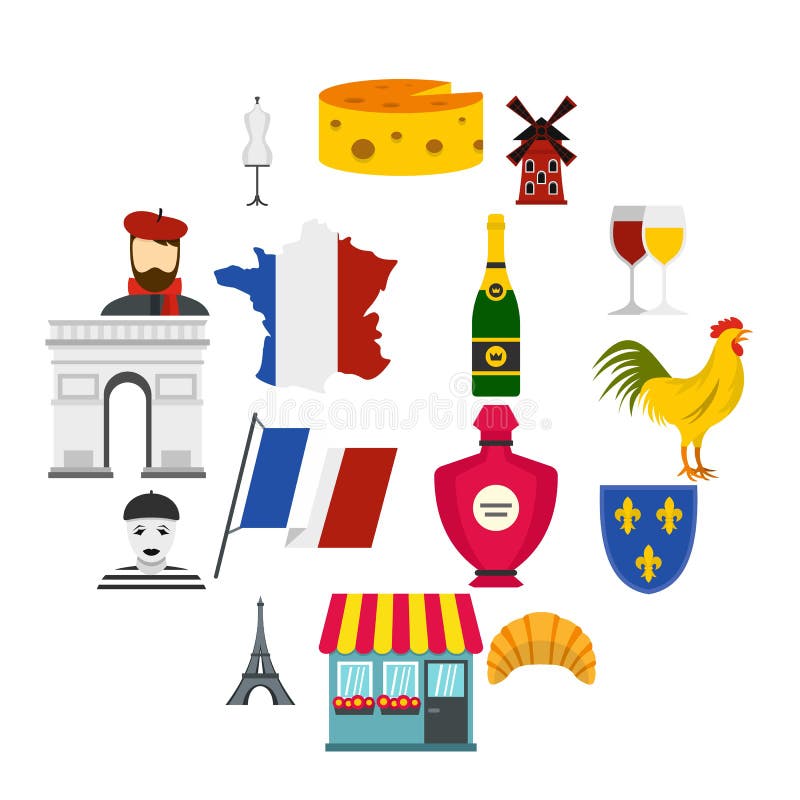 Iconos planos determinados del viaje de Francia
