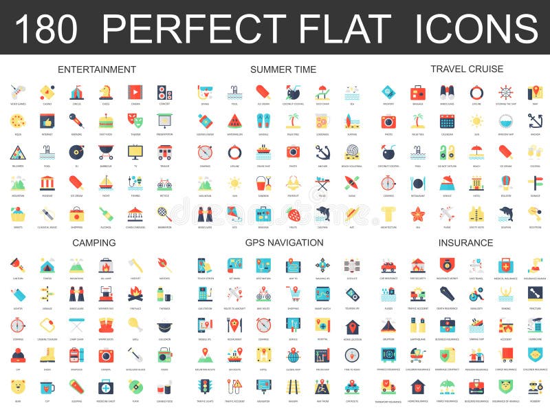 180 modern flat icons set of entertainment, summer time, travel cruise, camping, gps navigation and insurance icons. 180 modern flat icons set of entertainment, summer time, travel cruise, camping, gps navigation and insurance icons