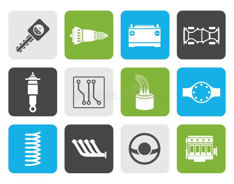Iconos realistas planos de las piezas y de los servicios del coche ilustración del vector Iconos realistas planos de las piezas y de los servicios del coche ilustración del vector