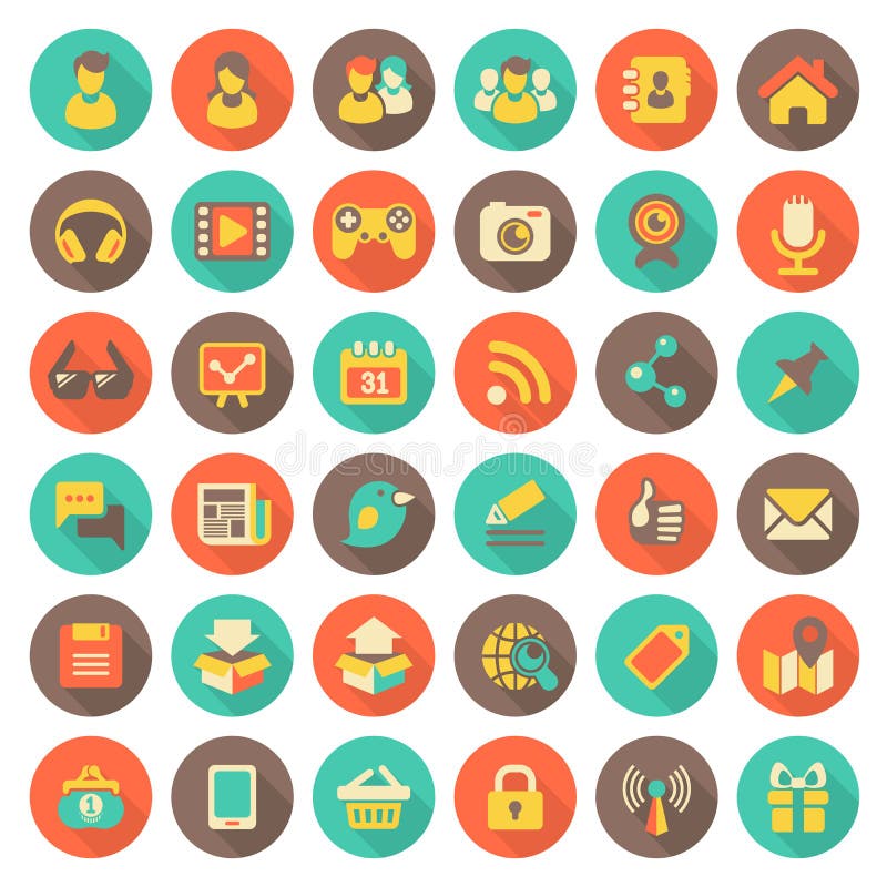 Iconos redondos planos del establecimiento de una red social con las sombras largas stock de ilustración Iconos redondos planos del establecimiento de una red social con las sombras largas stock de ilustración