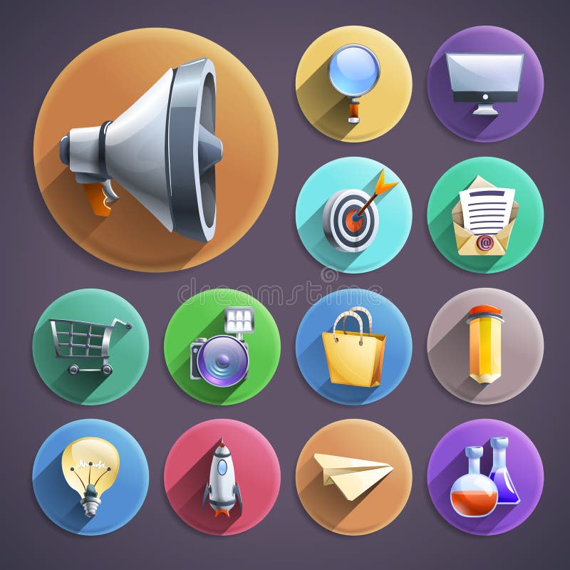 Iconos redondos planos del márketing de Digitaces fijados stock de ilustración Iconos redondos planos del márketing de Digitaces fijados stock de ilustración