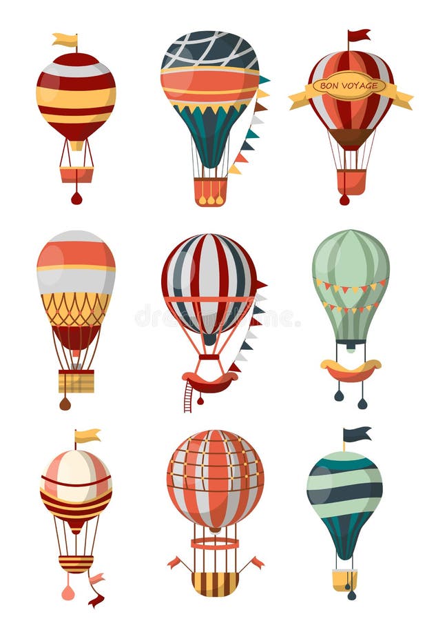 Hot air balloon retro icons with pattern, gondola and flags for Bon Voyage or open air balloon festival. Vector isolated symbols of balloon cloudhopper for travel tour or entertainment show. Hot air balloon retro icons with pattern, gondola and flags for Bon Voyage or open air balloon festival. Vector isolated symbols of balloon cloudhopper for travel tour or entertainment show