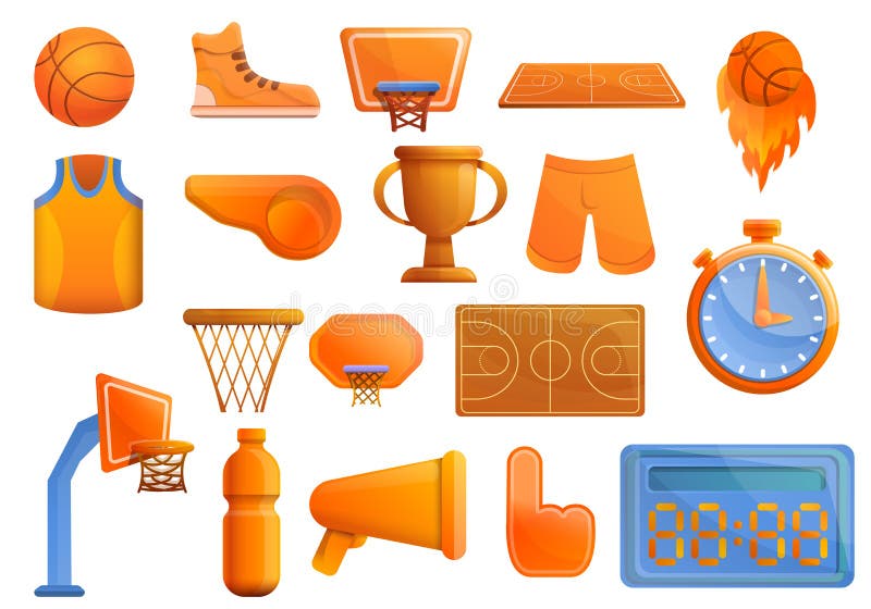 Basketball equipment icons set. Cartoon set of basketball equipment vector icons for web design. Basketball equipment icons set. Cartoon set of basketball equipment vector icons for web design