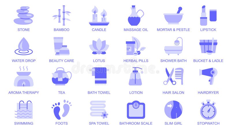 Iconos web de belleza ambientados en diseño plano duotónico. Empaquetar pictogramas con velas de bambú de piedra masaje mortero y libre illustration