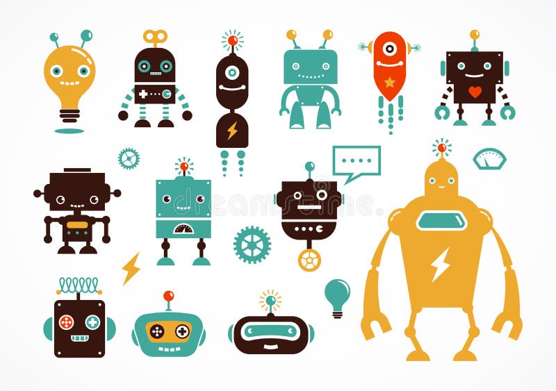 Iconos y caracteres lindos del robot ilustración del vector Iconos y caracteres lindos del robot ilustración del vector