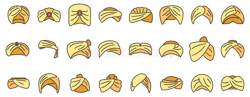 Iconos árabes de turbante conjunto línea de color vector. Conjunto de iconos de turbante árabes. sombrero árabe. color de línea delgada de la granja asiática sobre blanco