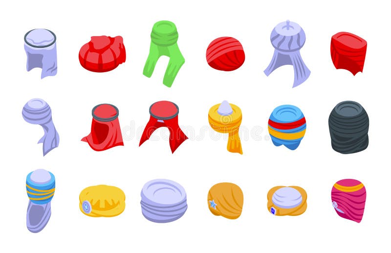 Iconos árabes de turbantes conjunto vector isométrico. sombrero árabe libre illustration