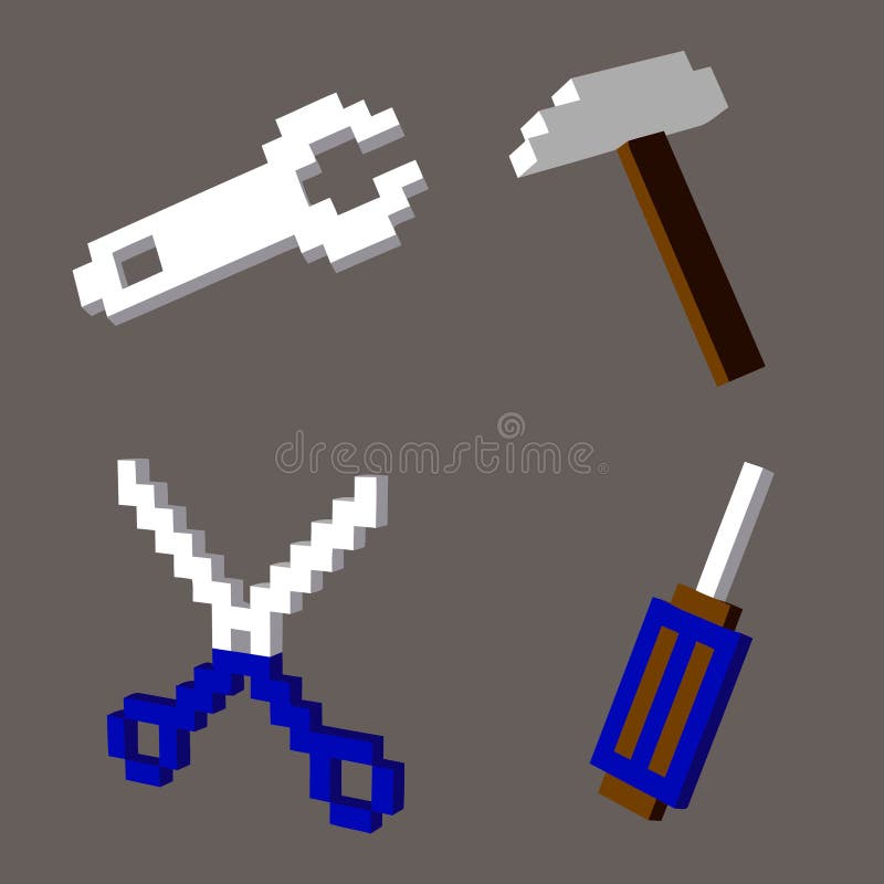 Icons of 3D pixel art tools for design project royalty free illustration