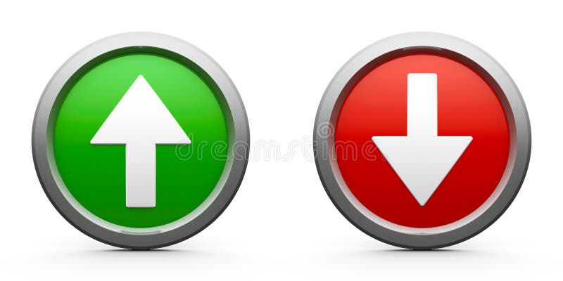 Web buttons with arrows up & down isolated on white background, three-dimensional rendering. Up down arrows isolated illustrations