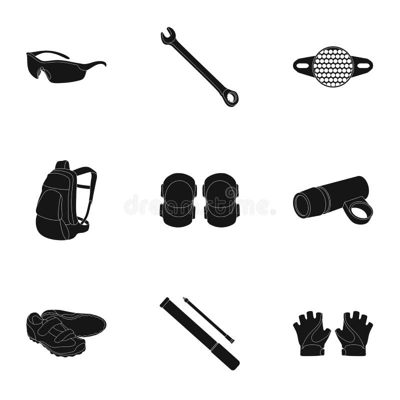 Icons of Cycling, bike. Set for bike, backpack protection, repair, form. Cyclist outfit icon in set collection on black vector illustration Icons of Cycling, bike. Set for bike, backpack protection, repair, form. Cyclist outfit icon in set collection on black vector illustration