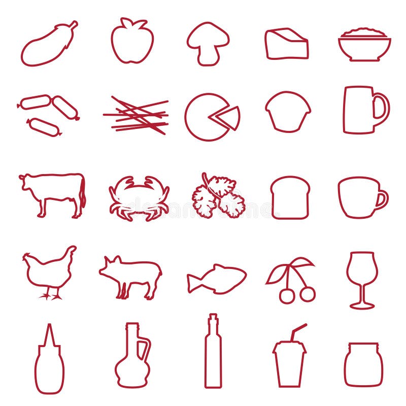 Icons of different type of food and drinks royalty free illustration