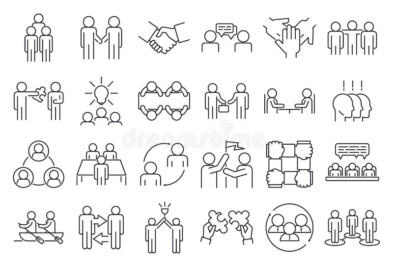 Icons für die Unternehmenszusammenarbeit, Konturstil