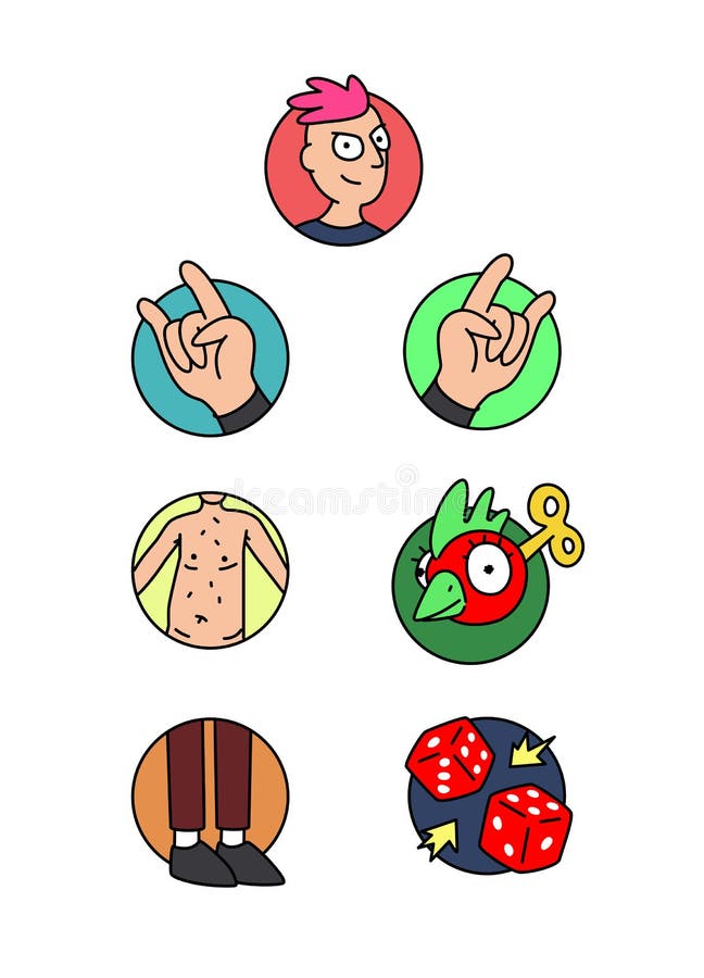 Icons of human body parts. Vector. Head, arm, leg, torso, dice. Cartoon cheerful style. A set of scenery.