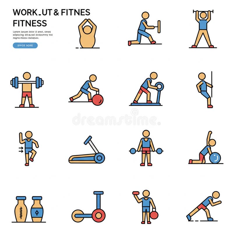 Icons illustrating various fitness exercises, each depicted in a simplistic, stylized stock illustration