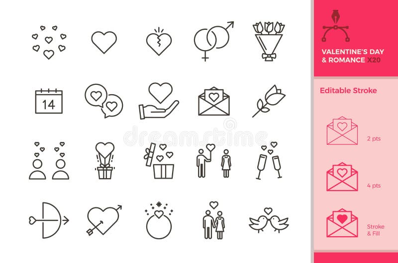 20 icons of love and romance for occasions like wedding, valentine`s day, datings, honeymoon etc. In vector format with editable